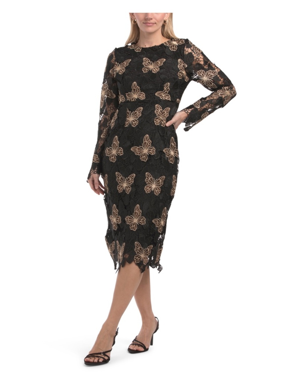 Dalia Macphee midi dress black and gold butterfly lace